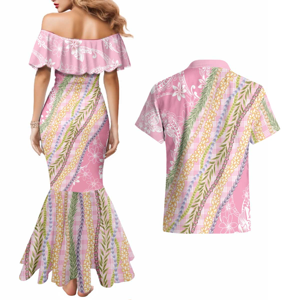 Pink Palaka Hawaii Leis Couples Matching Mermaid Dress and Hawaiian Shirt Hawaiian-plaid Elegant Tropical Vibes LT14 - Polynesian Pride