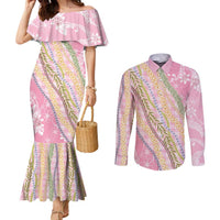 Pink Palaka Hawaii Leis Couples Matching Mermaid Dress and Long Sleeve Button Shirt Hawaiian-plaid Elegant Tropical Vibes LT14 Pink - Polynesian Pride