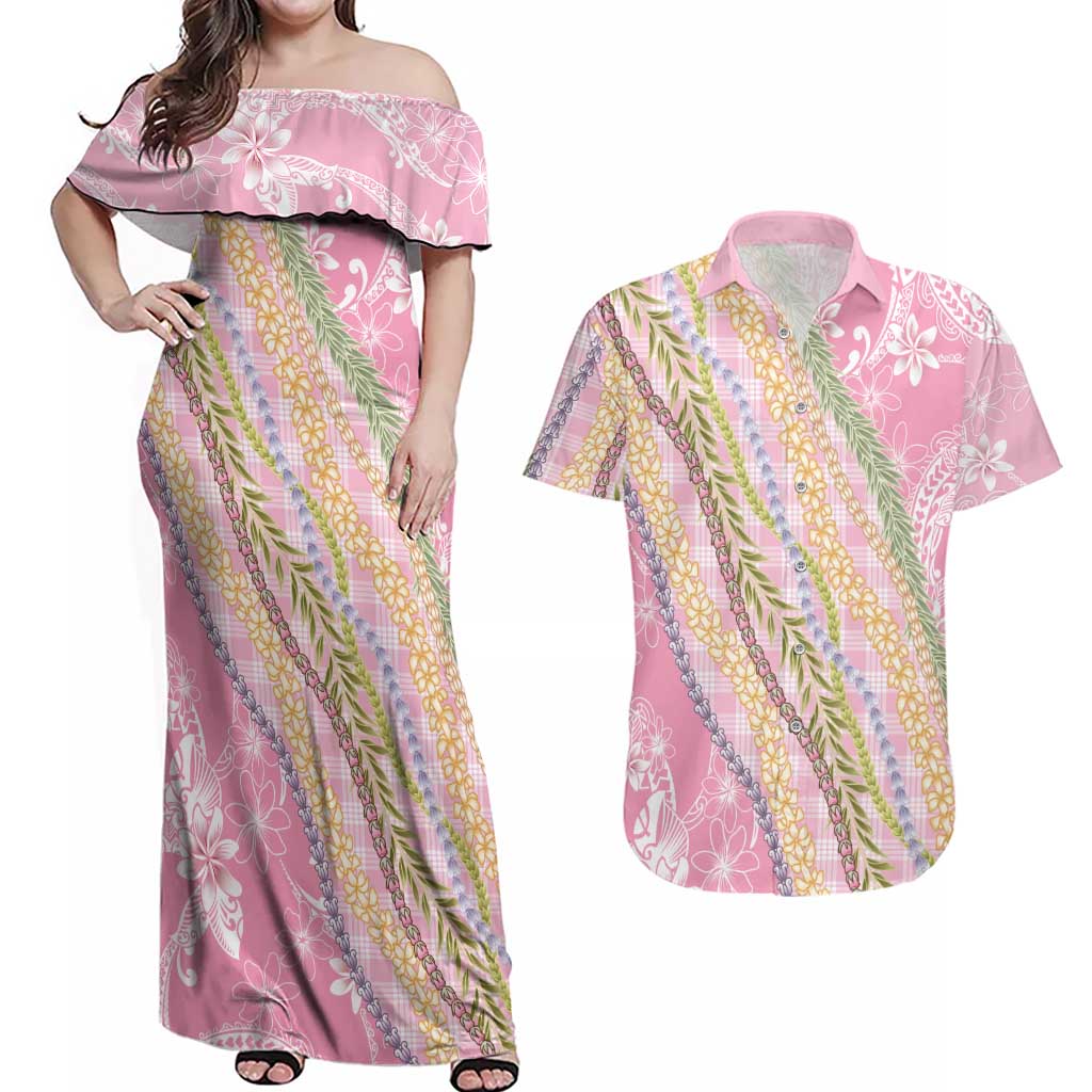 Pink Palaka Hawaii Leis Couples Matching Off Shoulder Maxi Dress and Hawaiian Shirt Hawaiian-plaid Elegant Tropical Vibes - Polynesian Pride