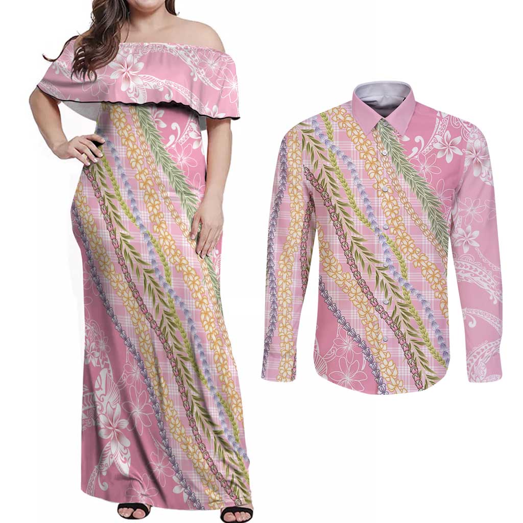 Pink Palaka Hawaii Leis Couples Matching Off Shoulder Maxi Dress and Long Sleeve Button Shirt Hawaiian-plaid Elegant Tropical Vibes LT14 Pink - Polynesian Pride