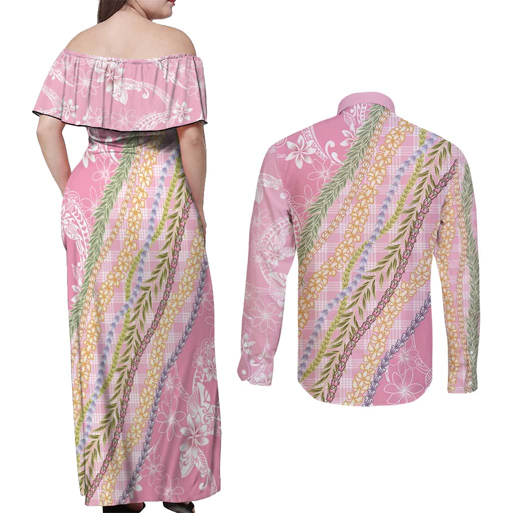 Pink Palaka Hawaii Leis Couples Matching Off Shoulder Maxi Dress and Long Sleeve Button Shirt Hawaiian-plaid Elegant Tropical Vibes LT14 - Polynesian Pride