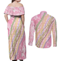 Pink Palaka Hawaii Leis Couples Matching Off Shoulder Maxi Dress and Long Sleeve Button Shirt Hawaiian-plaid Elegant Tropical Vibes LT14 - Polynesian Pride
