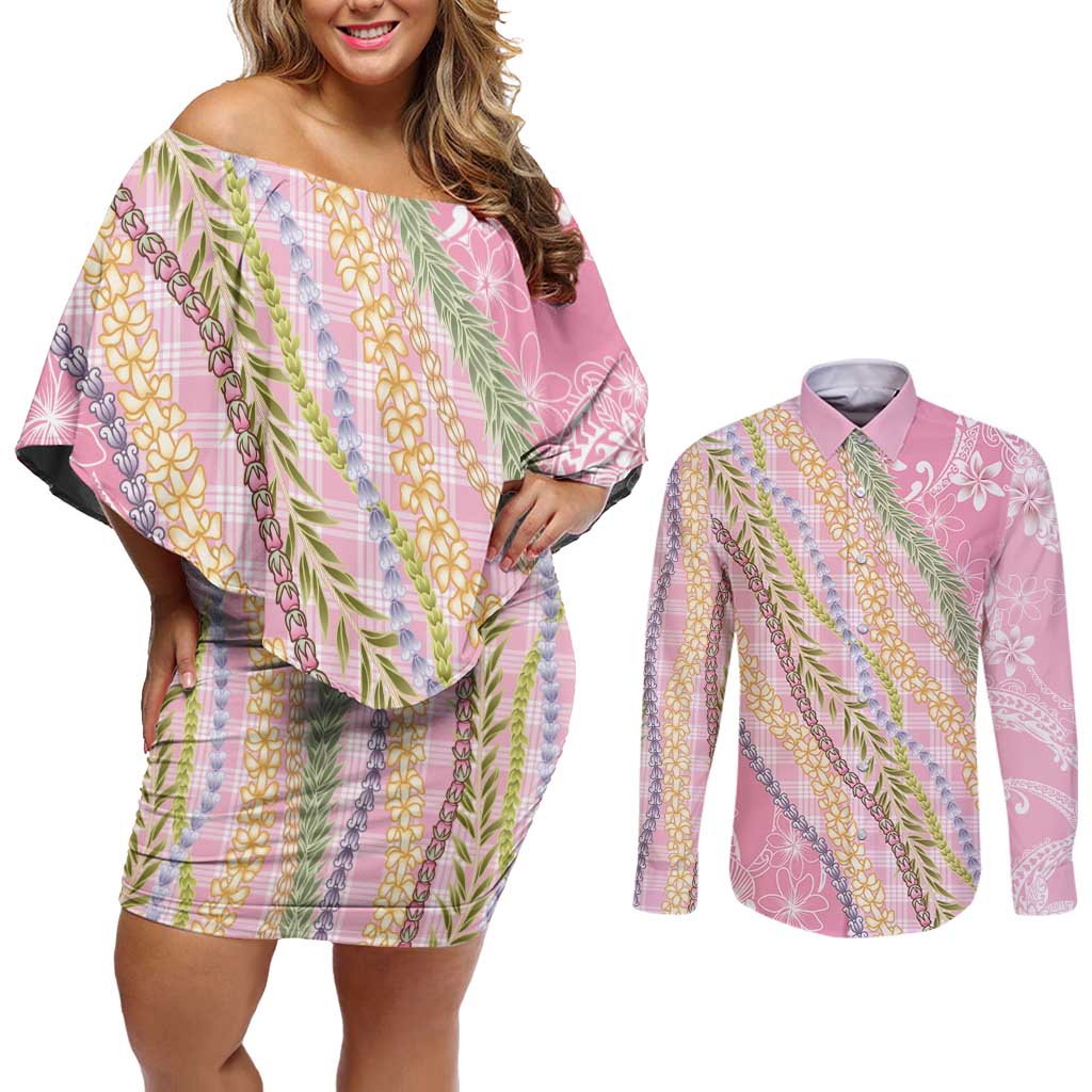 Pink Palaka Hawaii Leis Couples Matching Off Shoulder Short Dress and Long Sleeve Button Shirt Hawaiian-plaid Elegant Tropical Vibes LT14 Pink - Polynesian Pride