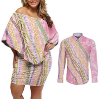 Pink Palaka Hawaii Leis Couples Matching Off Shoulder Short Dress and Long Sleeve Button Shirt Hawaiian-plaid Elegant Tropical Vibes LT14 Pink - Polynesian Pride