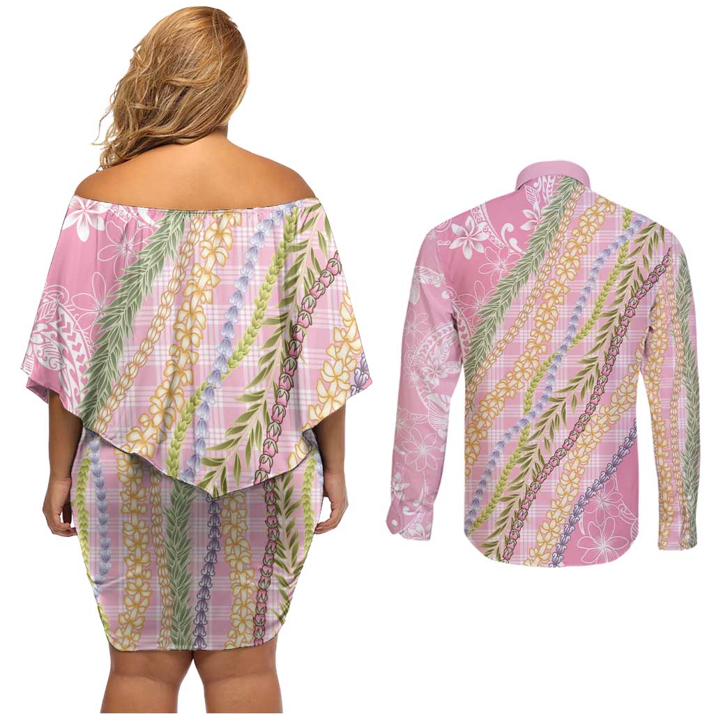 Pink Palaka Hawaii Leis Couples Matching Off Shoulder Short Dress and Long Sleeve Button Shirt Hawaiian-plaid Elegant Tropical Vibes LT14 - Polynesian Pride