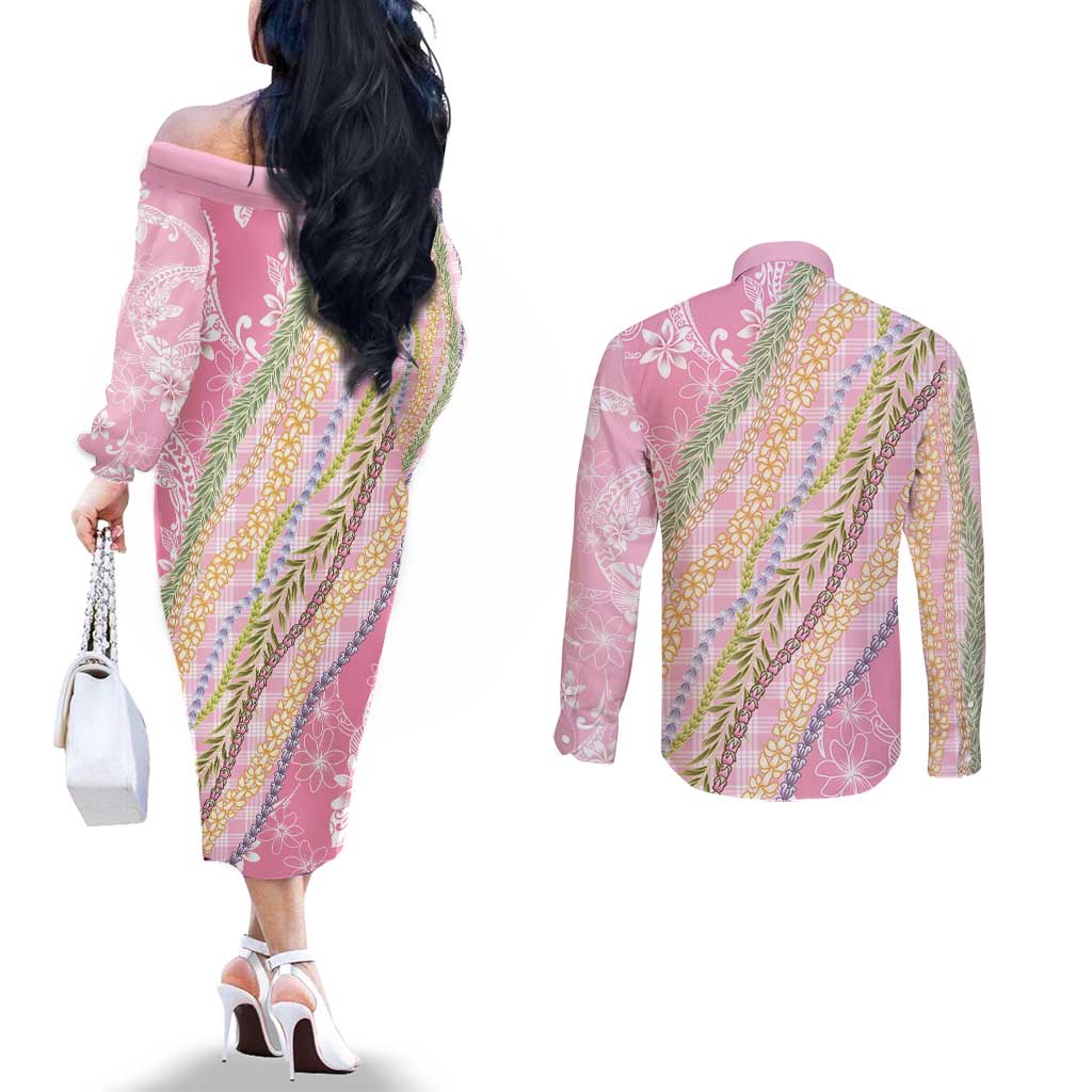 Pink Palaka Hawaii Leis Couples Matching Off The Shoulder Long Sleeve Dress and Long Sleeve Button Shirt Hawaiian-plaid Elegant Tropical Vibes LT14 - Polynesian Pride