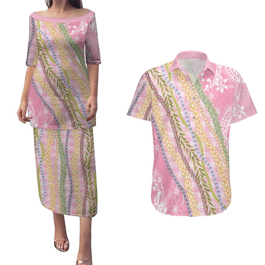 Pink Palaka Hawaii Leis Couples Matching Puletasi and Hawaiian Shirt Hawaiian-plaid Elegant Tropical Vibes LT14 Pink - Polynesian Pride