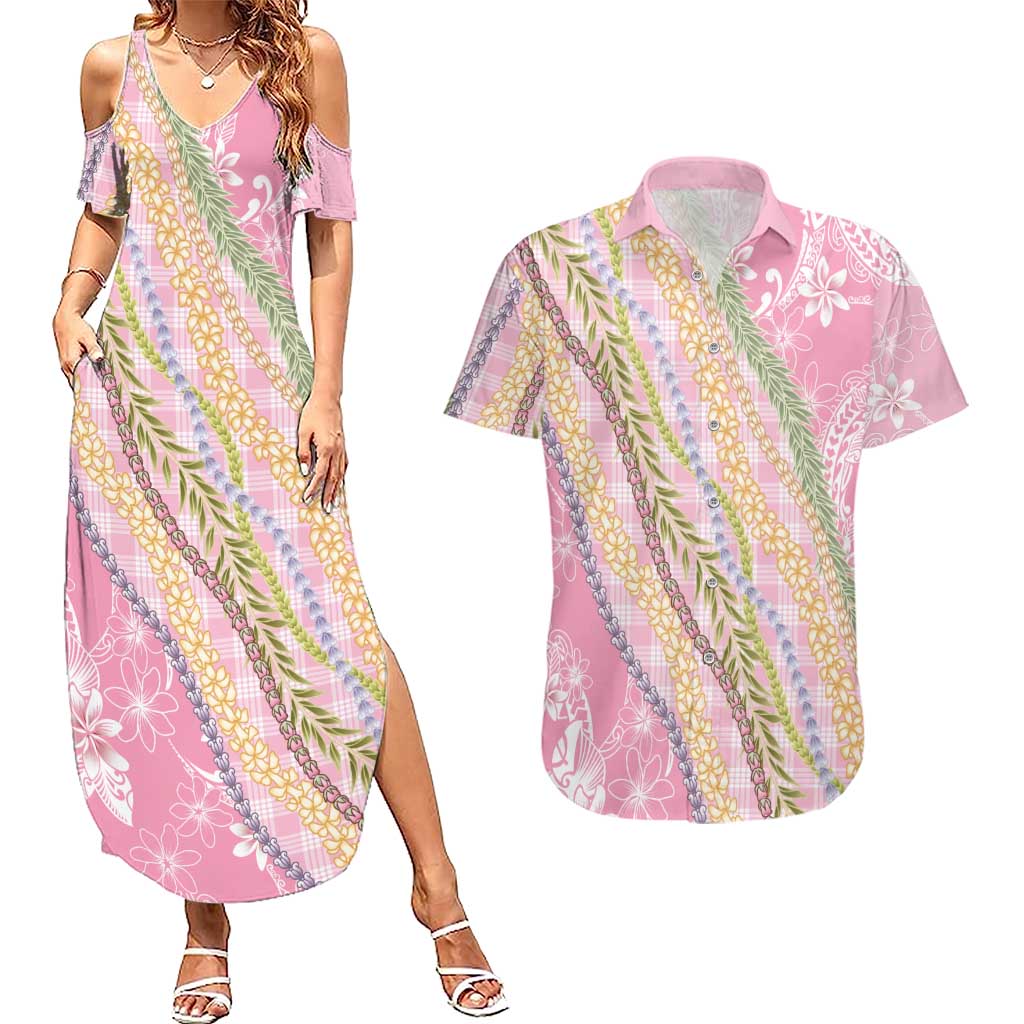Pink Palaka Hawaii Leis Couples Matching Summer Maxi Dress and Hawaiian Shirt Hawaiian-plaid Elegant Tropical Vibes LT14 Pink - Polynesian Pride
