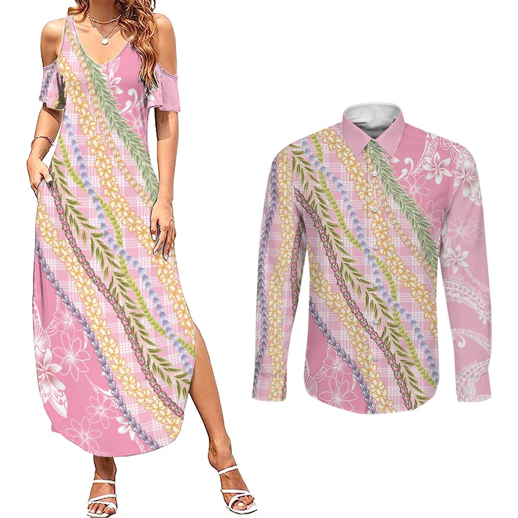 Pink Palaka Hawaii Leis Couples Matching Summer Maxi Dress and Long Sleeve Button Shirt Hawaiian-plaid Elegant Tropical Vibes LT14 Pink - Polynesian Pride