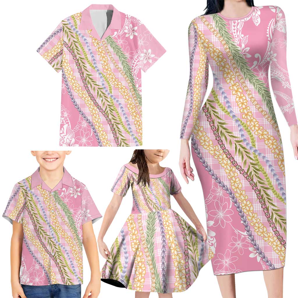 Pink Palaka Hawaii Leis Family Matching Long Sleeve Bodycon Dress and Hawaiian Shirt Hawaiian-plaid Elegant Tropical Vibes LT14 - Polynesian Pride