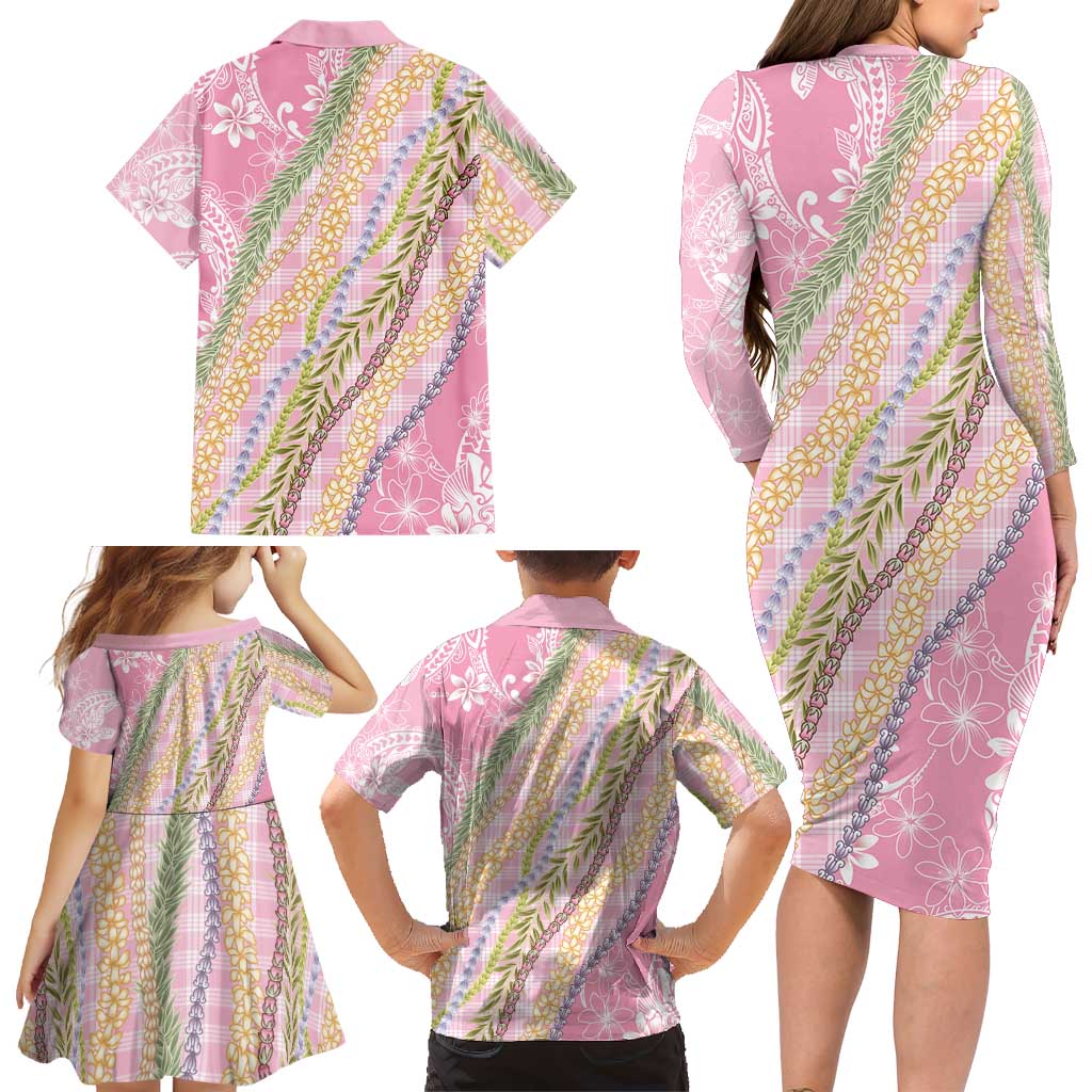 Pink Palaka Hawaii Leis Family Matching Long Sleeve Bodycon Dress and Hawaiian Shirt Hawaiian-plaid Elegant Tropical Vibes LT14 - Polynesian Pride