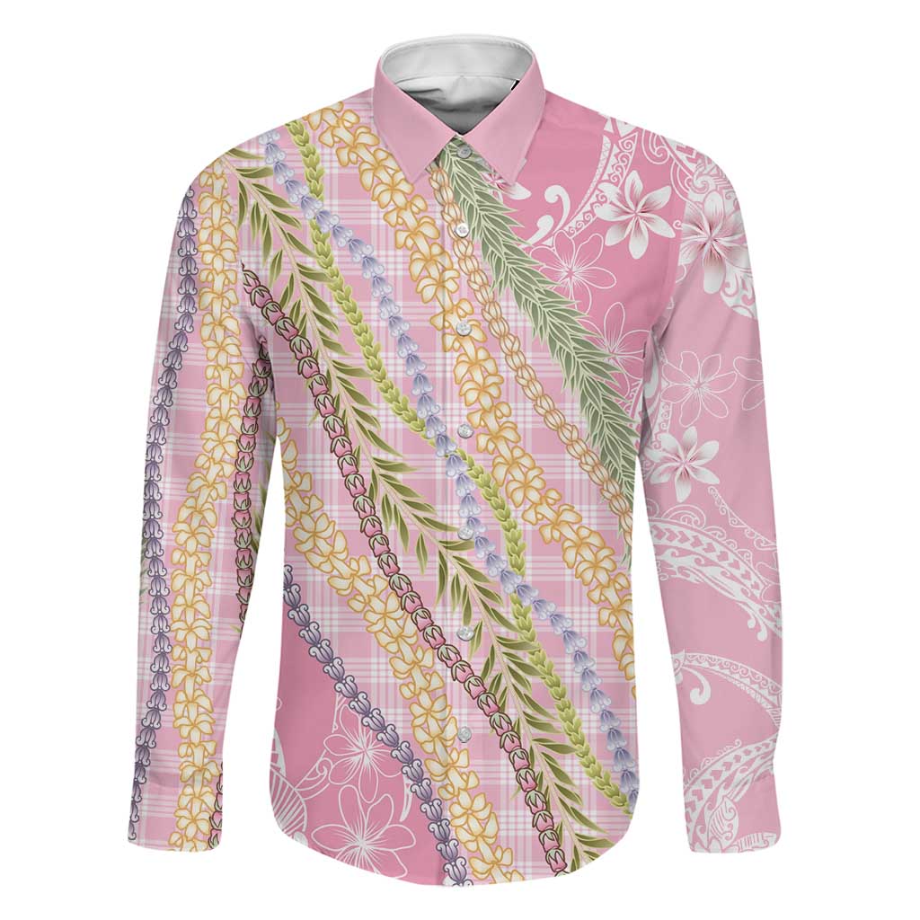 Pink Palaka Hawaii Leis Family Matching Long Sleeve Bodycon Dress and Hawaiian Shirt Hawaiian-plaid Elegant Tropical Vibes LT14 Dad's Shirt - Long Sleeve Pink - Polynesian Pride