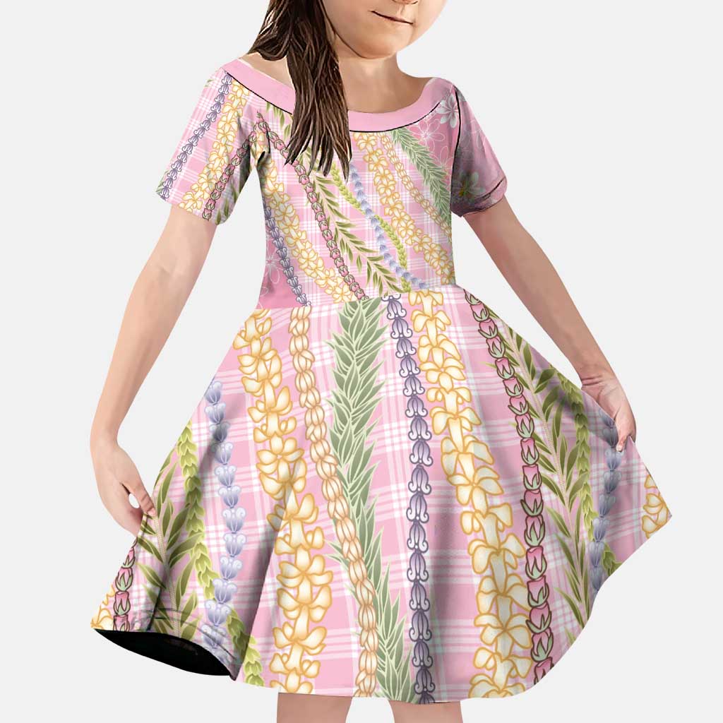 Pink Palaka Hawaii Leis Family Matching Off The Shoulder Long Sleeve Dress and Hawaiian Shirt Hawaiian-plaid Elegant Tropical Vibes LT14 Daughter's Dress Pink - Polynesian Pride
