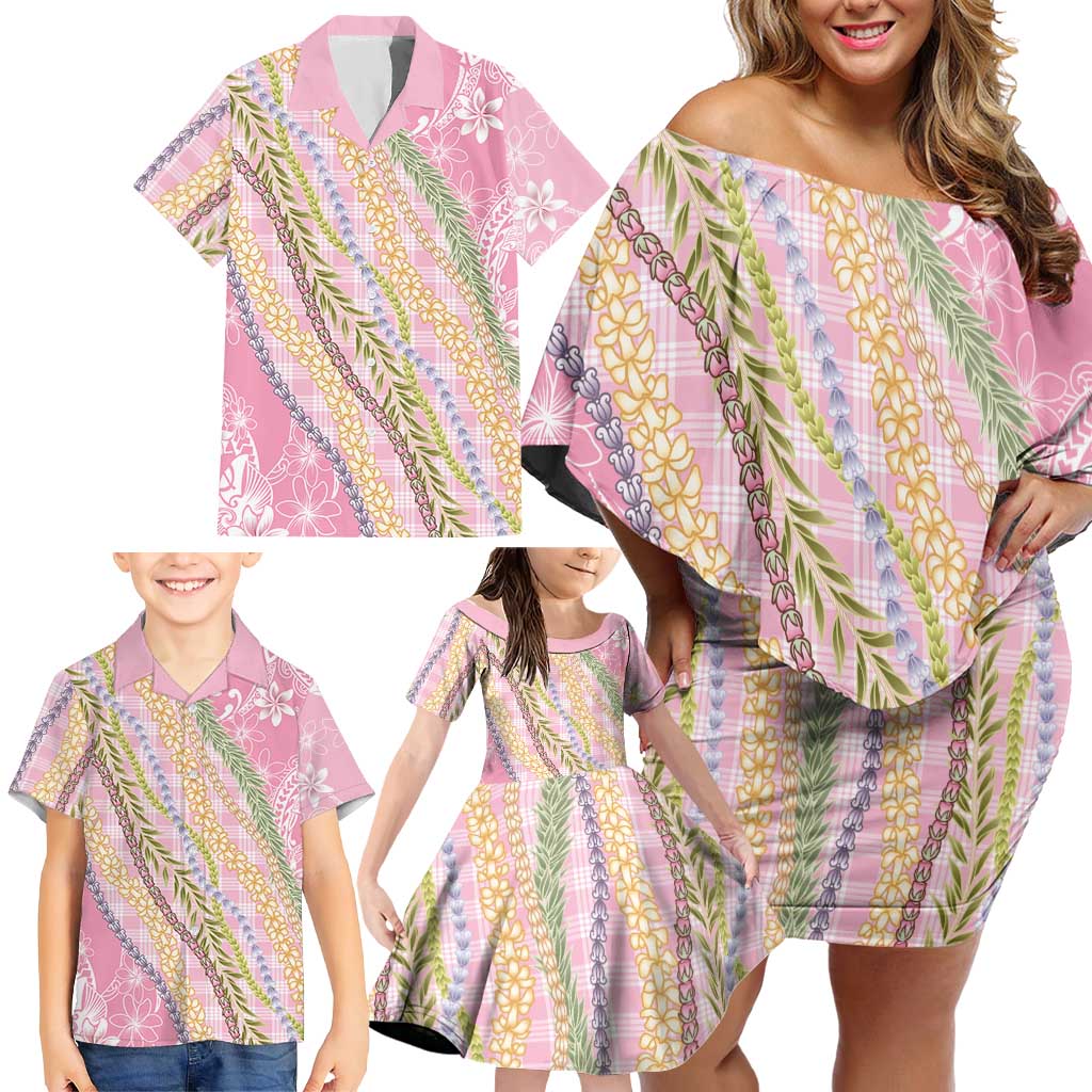 Pink Palaka Hawaii Leis Family Matching Off Shoulder Short Dress and Hawaiian Shirt Hawaiian-plaid Elegant Tropical Vibes - Polynesian Pride