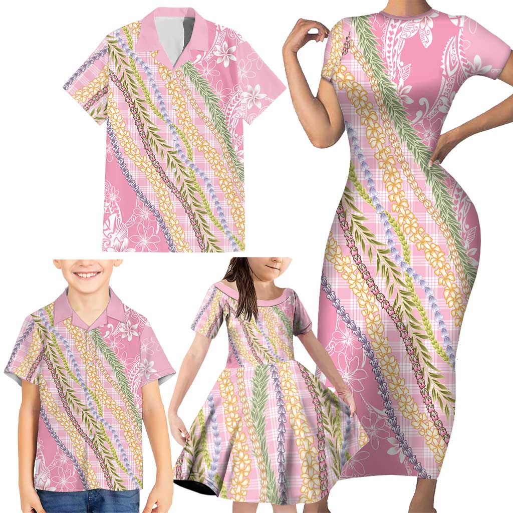 Pink Palaka Hawaii Leis Family Matching Short Sleeve Bodycon Dress and Hawaiian Shirt Hawaiian-plaid Elegant Tropical Vibes LT14 - Polynesian Pride