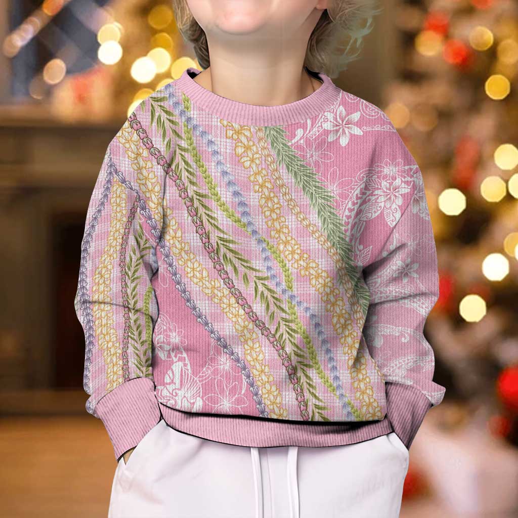 Pink Palaka Hawaii Leis Kid Ugly Christmas Sweater Hawaiian-plaid Elegant Tropical Vibes - Polynesian Pride