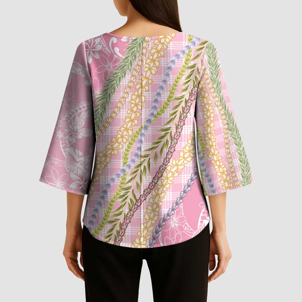 Pink Palaka Hawaii Leis Kimono Sleeve Blouse Hawaiian-plaid Elegant Tropical Vibes - Polynesian Pride