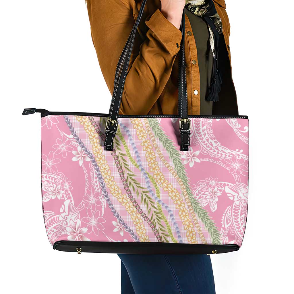 Pink Palaka Hawaii Leis Leather Tote Bag Hawaiian-plaid Elegant Tropical Vibes - Polynesian Pride