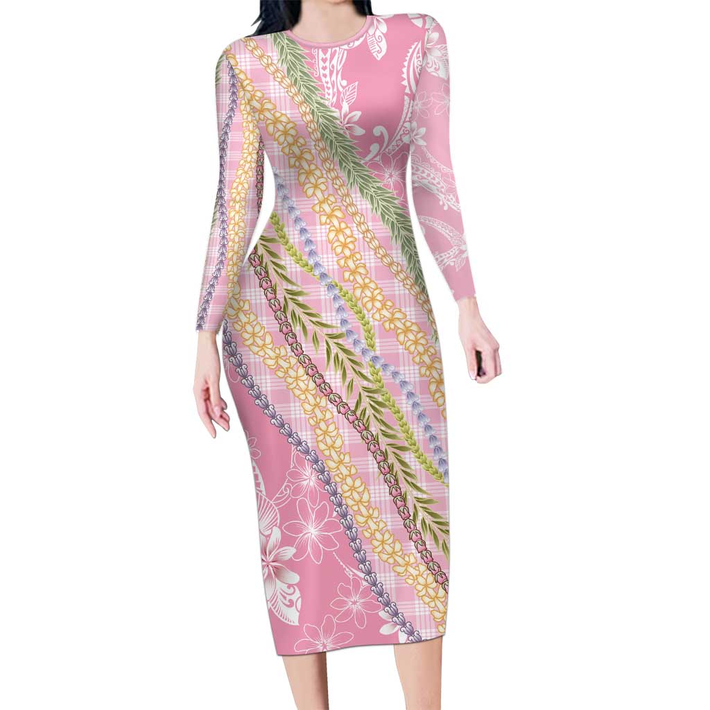 Pink Palaka Hawaii Leis Long Sleeve Bodycon Dress Hawaiian-plaid Elegant Tropical Vibes - Polynesian Pride