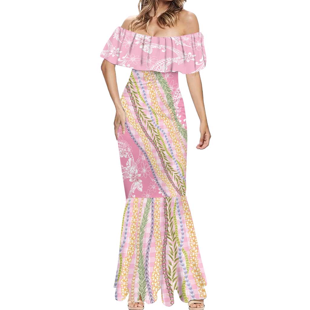 Pink Palaka Hawaii Leis Mermaid Dress Hawaiian-plaid Elegant Tropical Vibes - Polynesian Pride