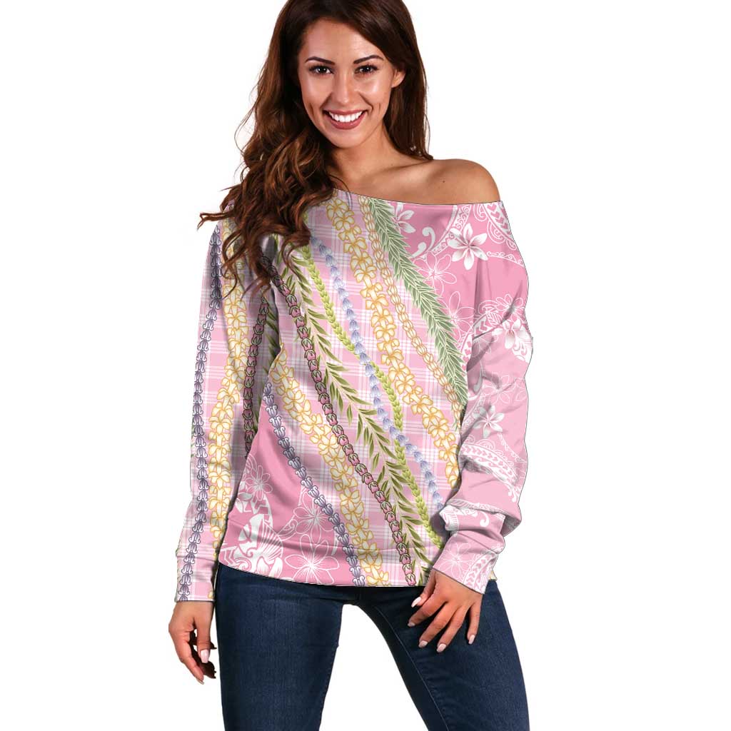 Pink Palaka Hawaii Leis Off Shoulder Sweater Hawaiian-plaid Elegant Tropical Vibes LT14 Women Pink - Polynesian Pride