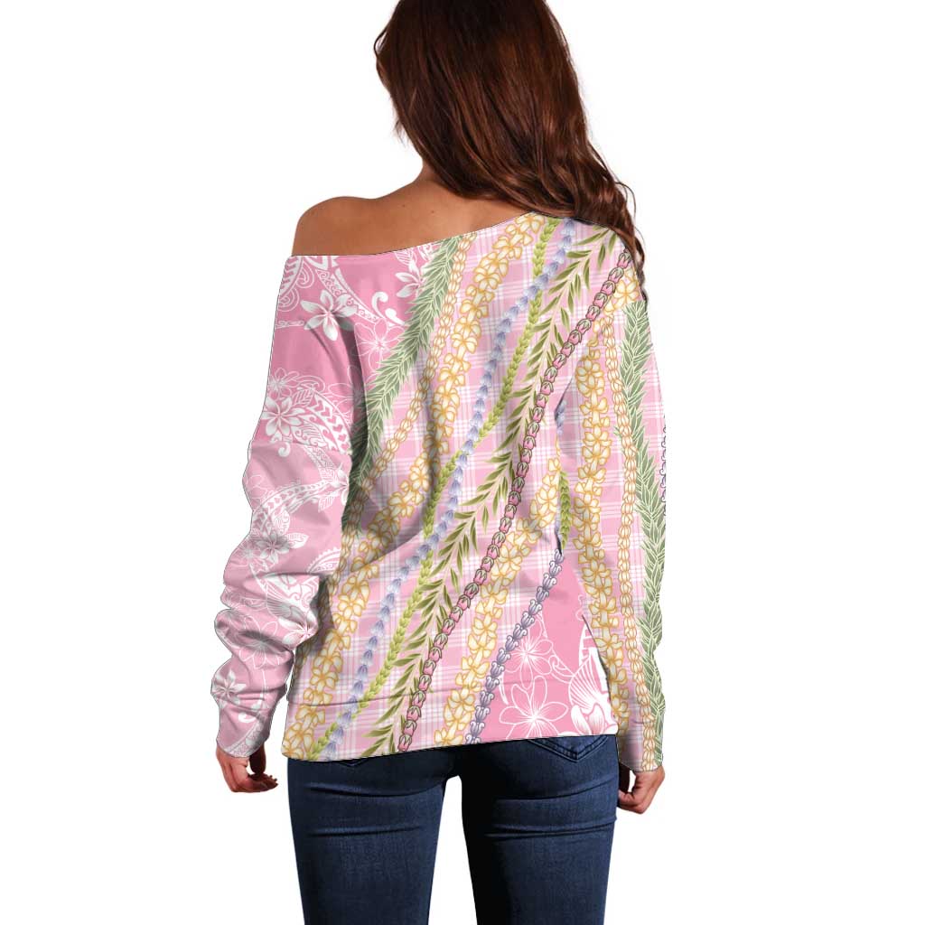 Pink Palaka Hawaii Leis Off Shoulder Sweater Hawaiian-plaid Elegant Tropical Vibes LT14 - Polynesian Pride