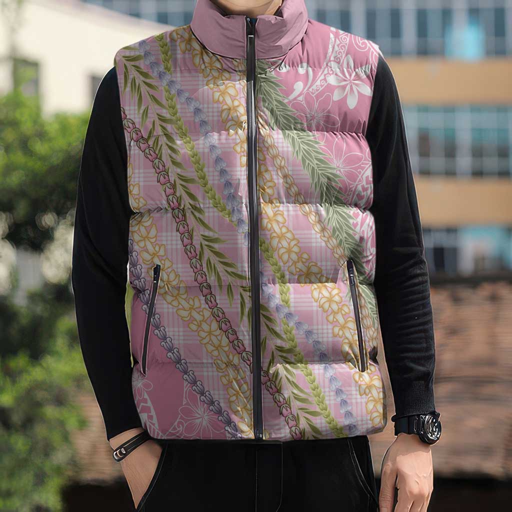 Pink Palaka Hawaii Leis Sleeveless Puffer Jacket Hawaiian-plaid Elegant Tropical Vibes - Polynesian Pride