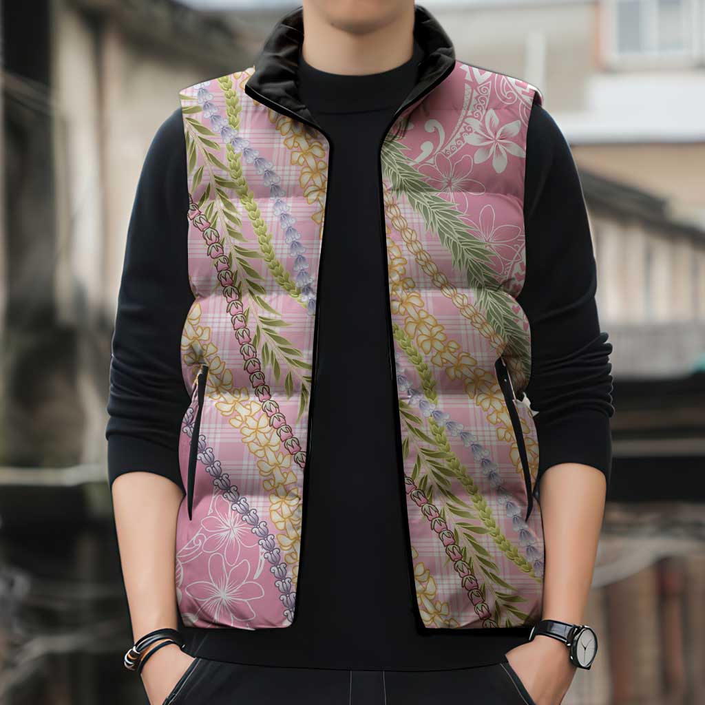 Pink Palaka Hawaii Leis Sleeveless Puffer Jacket Hawaiian-plaid Elegant Tropical Vibes - Polynesian Pride