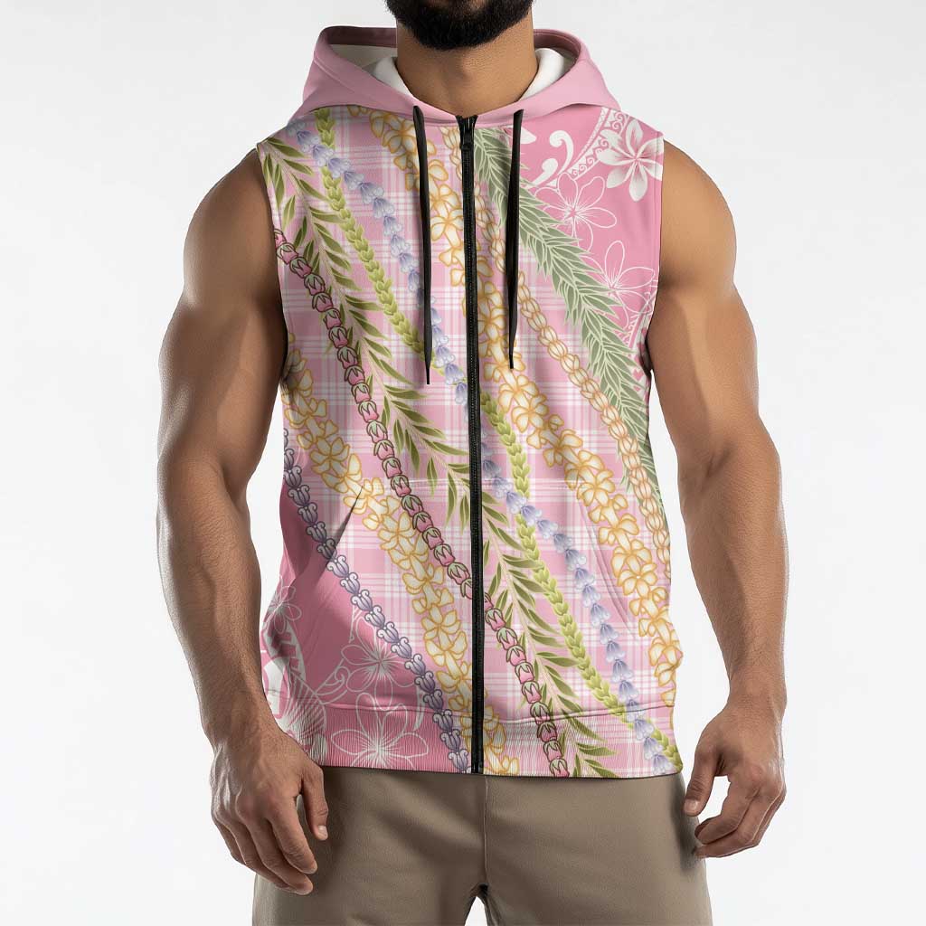 Pink Palaka Hawaii Leis Sleeveless Zip Hoodie Hawaiian-plaid Elegant Tropical Vibes - Polynesian Pride