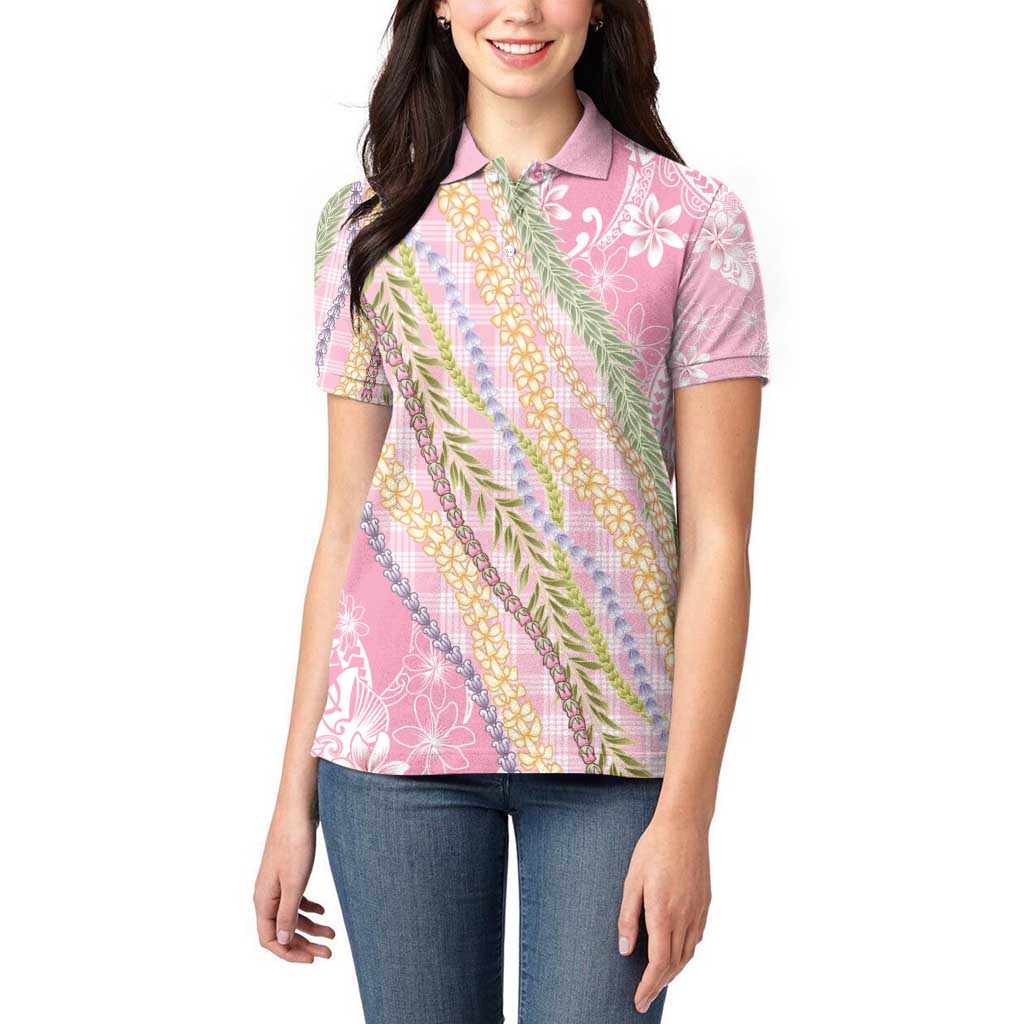 Pink Palaka Hawaii Leis Women Polo Shirt Hawaiian-plaid Elegant Tropical Vibes - Polynesian Pride
