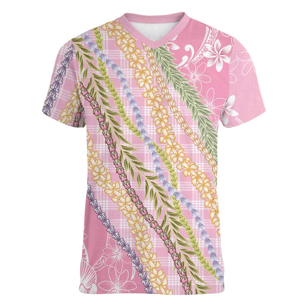 Pink Palaka Hawaii Leis Women V-Neck T-Shirt Hawaiian-plaid Elegant Tropical Vibes - Polynesian Pride