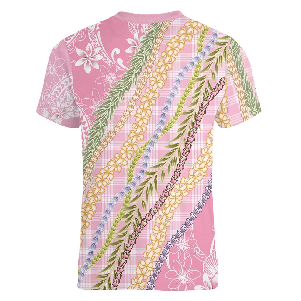 Pink Palaka Hawaii Leis Women V-Neck T-Shirt Hawaiian-plaid Elegant Tropical Vibes LT14 - Polynesian Pride