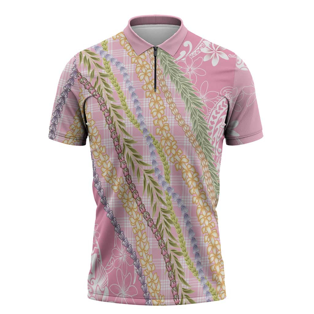 Pink Palaka Hawaii Leis Zipper Polo Shirt Hawaiian-plaid Elegant Tropical Vibes - Polynesian Pride