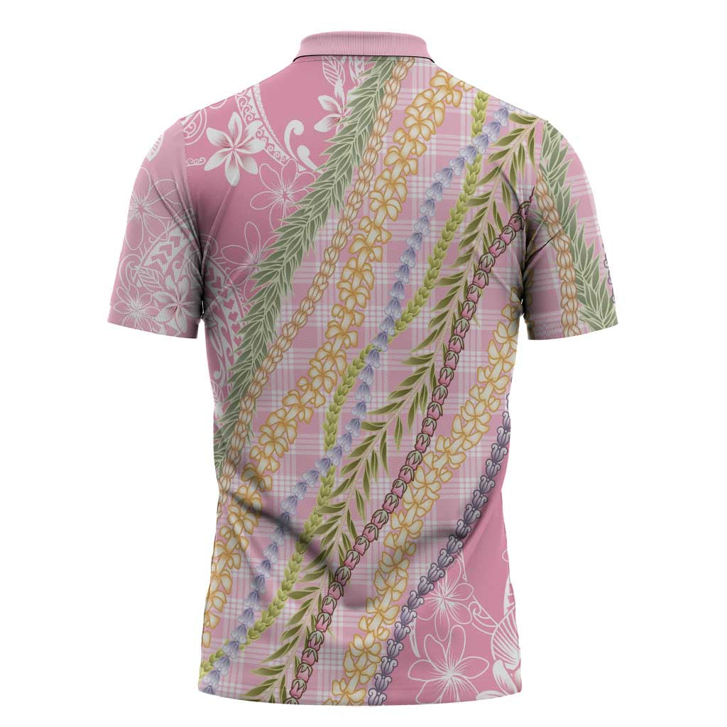 Pink Palaka Hawaii Leis Zipper Polo Shirt Hawaiian-plaid Elegant Tropical Vibes - Polynesian Pride