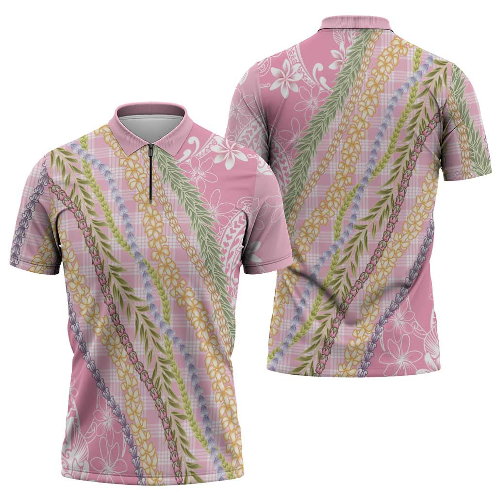 Pink Palaka Hawaii Leis Zipper Polo Shirt Hawaiian-plaid Elegant Tropical Vibes - Polynesian Pride
