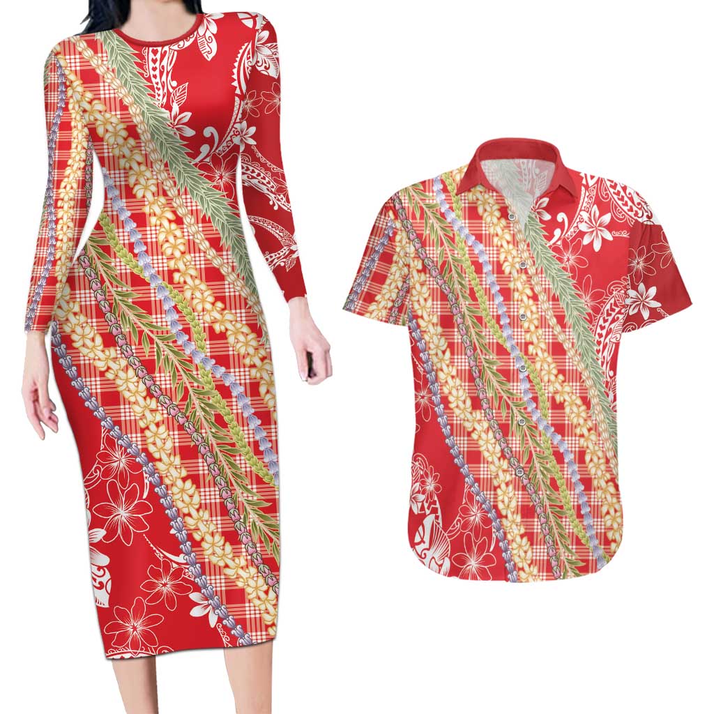 Red Palaka Hawaii Leis Couples Matching Long Sleeve Bodycon Dress and Hawaiian Shirt Hawaiian-plaid Elegant Tropical Vibes LT14 Red - Polynesian Pride