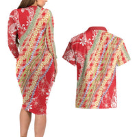 Red Palaka Hawaii Leis Couples Matching Long Sleeve Bodycon Dress and Hawaiian Shirt Hawaiian-plaid Elegant Tropical Vibes LT14 - Polynesian Pride