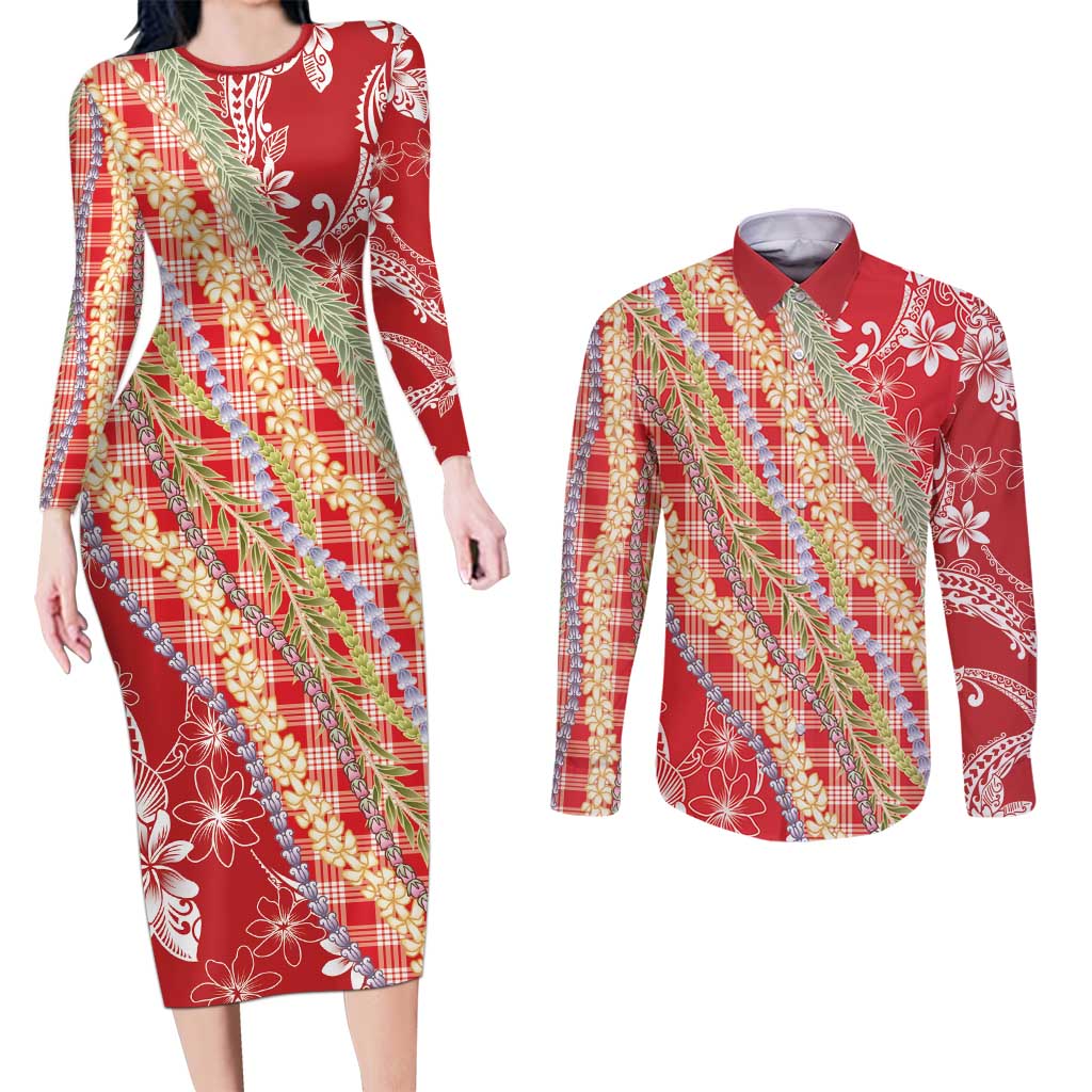 Red Palaka Hawaii Leis Couples Matching Long Sleeve Bodycon Dress and Long Sleeve Button Shirt Hawaiian-plaid Elegant Tropical Vibes LT14 Red - Polynesian Pride
