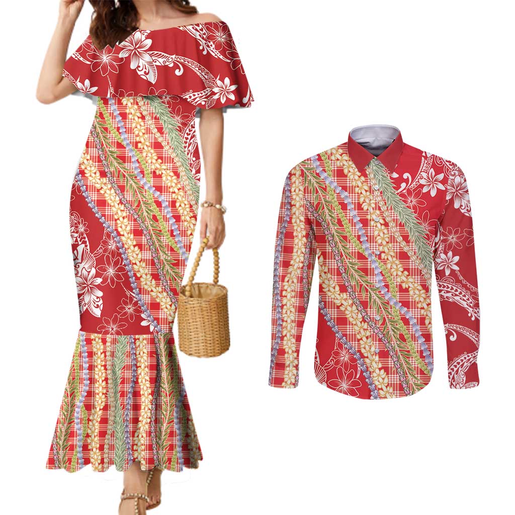 Red Palaka Hawaii Leis Couples Matching Mermaid Dress and Long Sleeve Button Shirt Hawaiian-plaid Elegant Tropical Vibes LT14 Red - Polynesian Pride