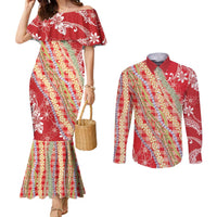 Red Palaka Hawaii Leis Couples Matching Mermaid Dress and Long Sleeve Button Shirt Hawaiian-plaid Elegant Tropical Vibes LT14 Red - Polynesian Pride