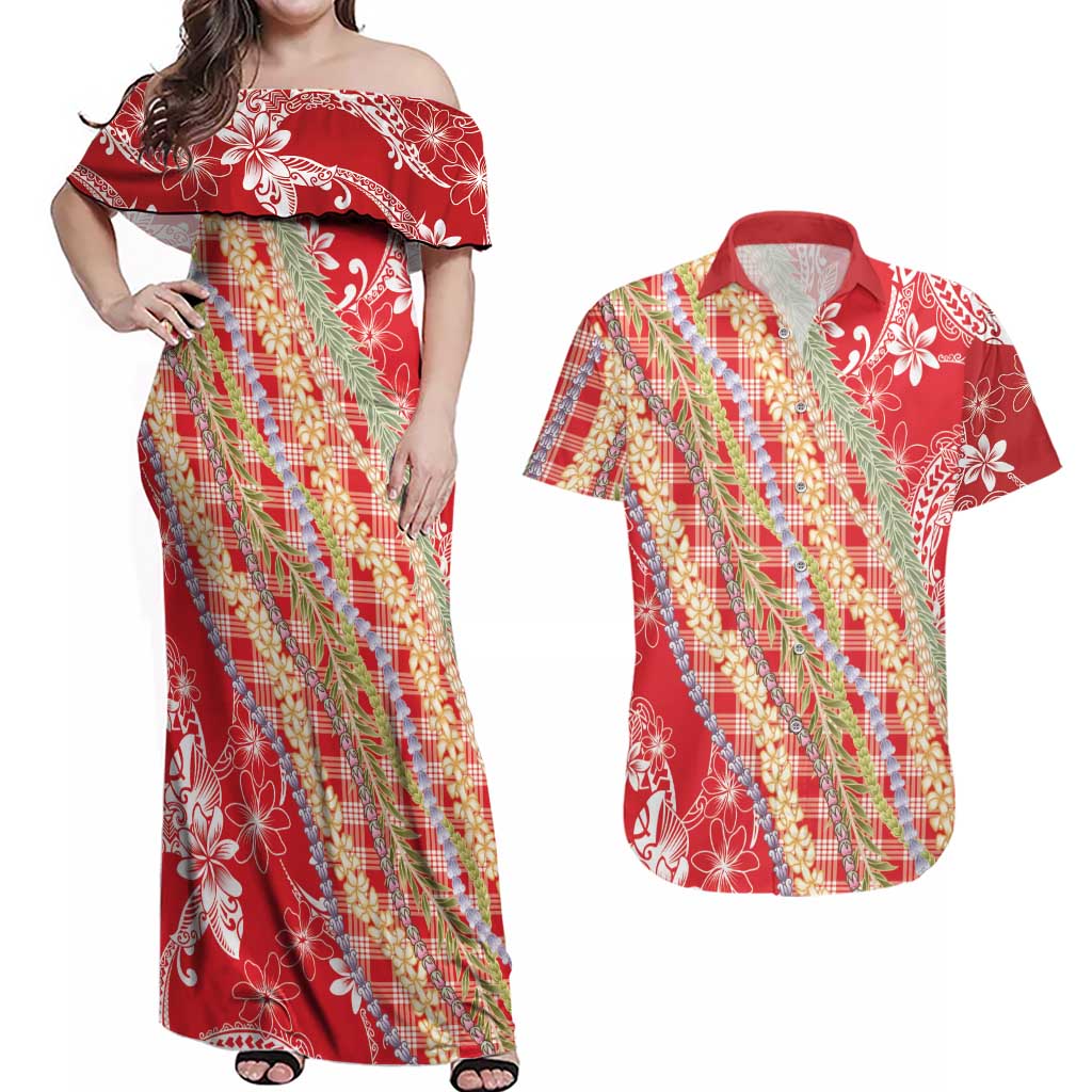Red Palaka Hawaii Leis Couples Matching Off Shoulder Maxi Dress and Hawaiian Shirt Hawaiian-plaid Elegant Tropical Vibes LT14 Red - Polynesian Pride