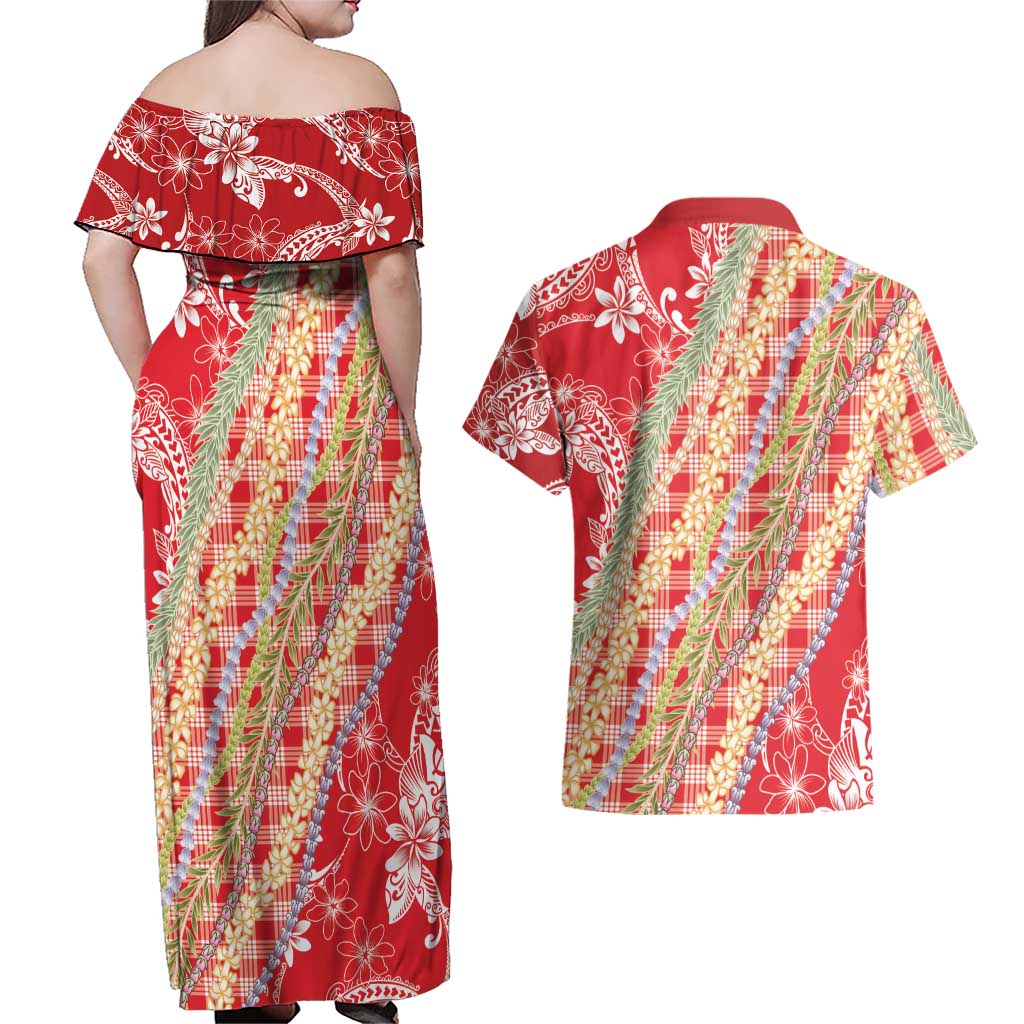 Red Palaka Hawaii Leis Couples Matching Off Shoulder Maxi Dress and Hawaiian Shirt Hawaiian-plaid Elegant Tropical Vibes LT14 - Polynesian Pride
