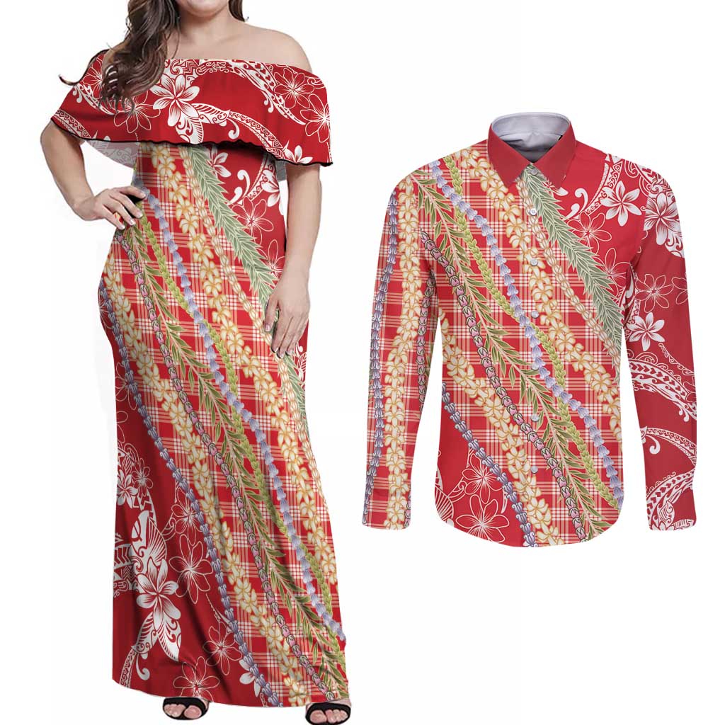 Red Palaka Hawaii Leis Couples Matching Off Shoulder Maxi Dress and Long Sleeve Button Shirt Hawaiian-plaid Elegant Tropical Vibes LT14 Red - Polynesian Pride