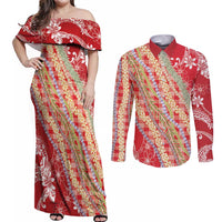 Red Palaka Hawaii Leis Couples Matching Off Shoulder Maxi Dress and Long Sleeve Button Shirt Hawaiian-plaid Elegant Tropical Vibes LT14 Red - Polynesian Pride