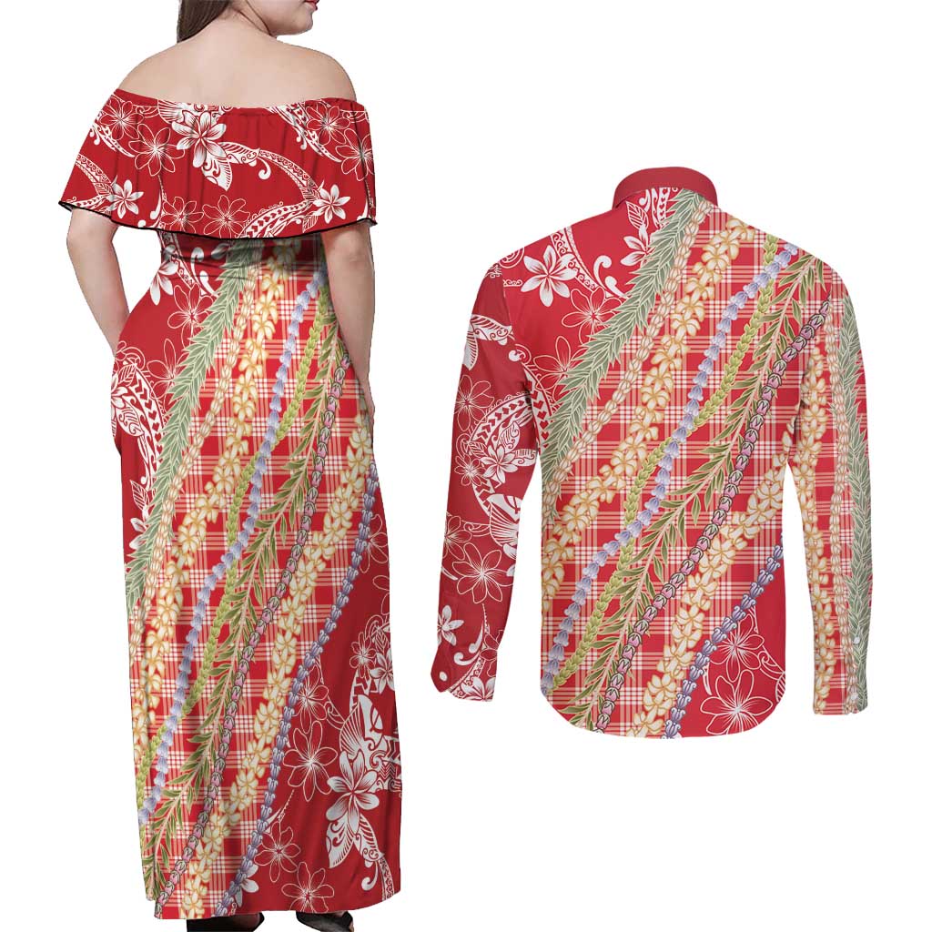 Red Palaka Hawaii Leis Couples Matching Off Shoulder Maxi Dress and Long Sleeve Button Shirt Hawaiian-plaid Elegant Tropical Vibes LT14 - Polynesian Pride