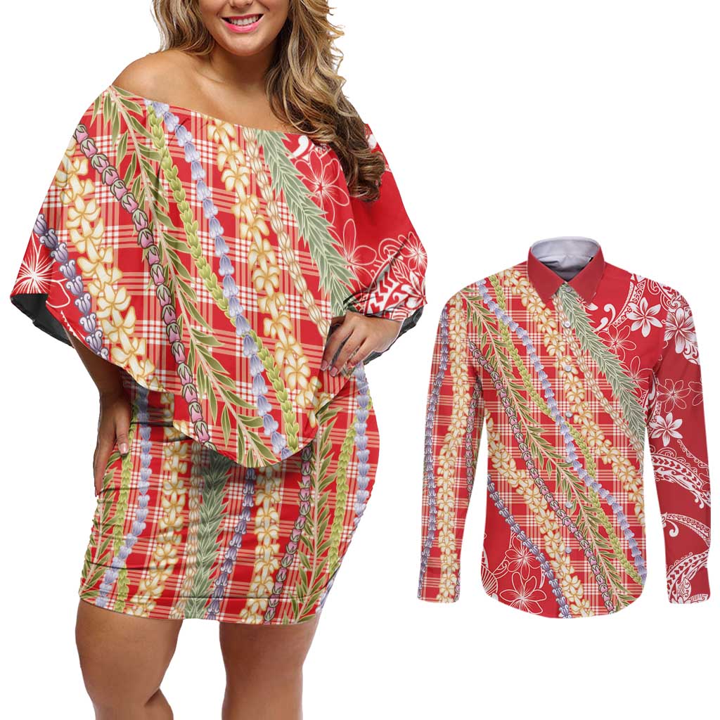 Red Palaka Hawaii Leis Couples Matching Off Shoulder Short Dress and Long Sleeve Button Shirt Hawaiian-plaid Elegant Tropical Vibes LT14 Red - Polynesian Pride