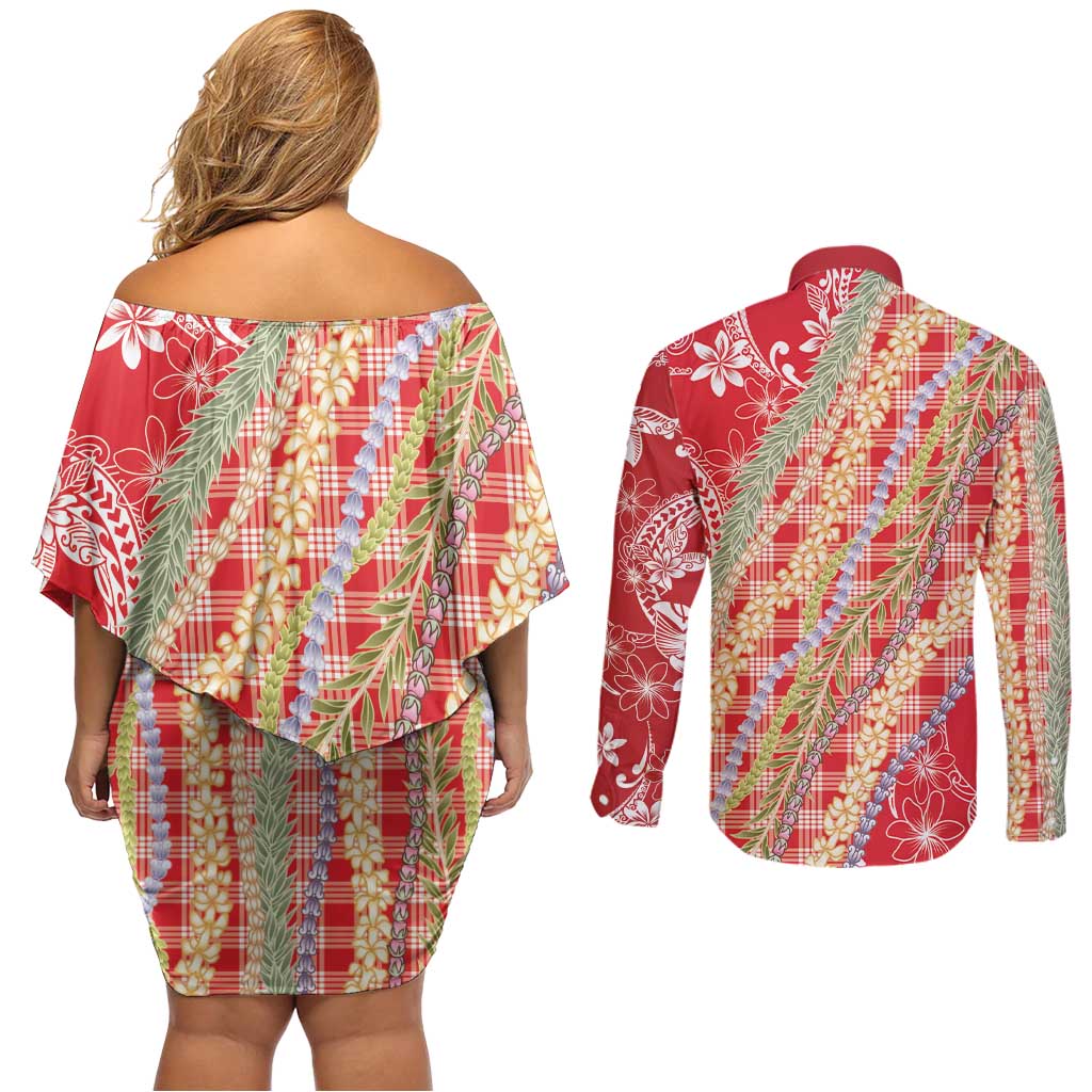 Red Palaka Hawaii Leis Couples Matching Off Shoulder Short Dress and Long Sleeve Button Shirt Hawaiian-plaid Elegant Tropical Vibes LT14 - Polynesian Pride