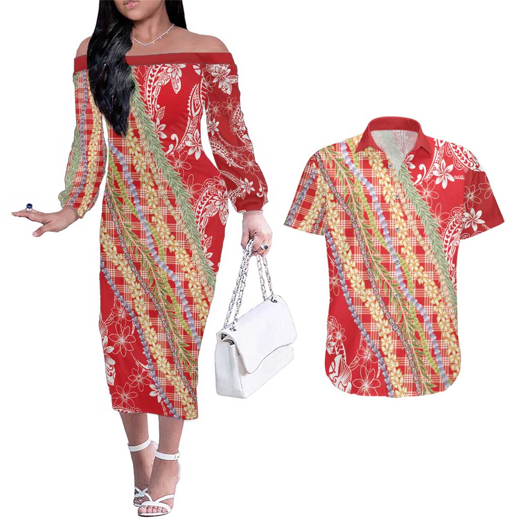 Red Palaka Hawaii Leis Couples Matching Off The Shoulder Long Sleeve Dress and Hawaiian Shirt Hawaiian-plaid Elegant Tropical Vibes - Polynesian Pride