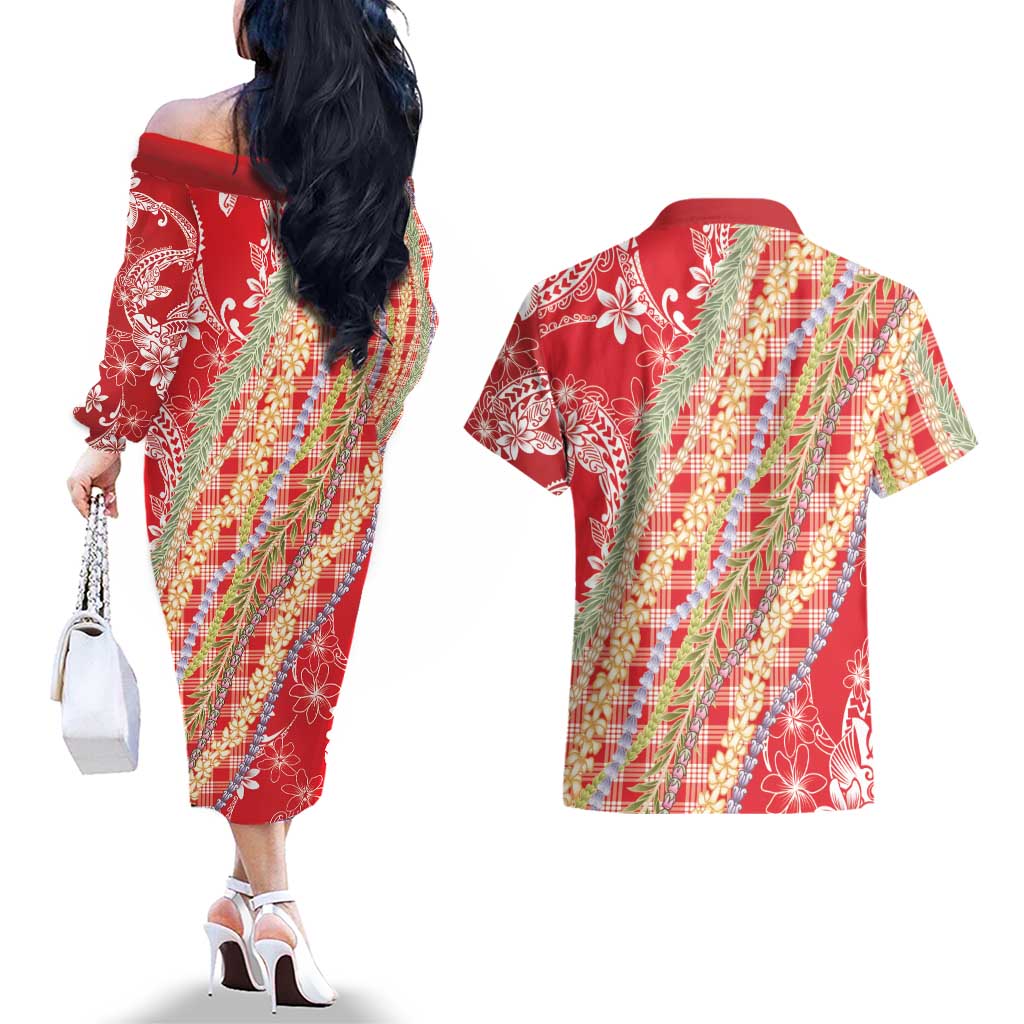 Red Palaka Hawaii Leis Couples Matching Off The Shoulder Long Sleeve Dress and Hawaiian Shirt Hawaiian-plaid Elegant Tropical Vibes LT14 - Polynesian Pride