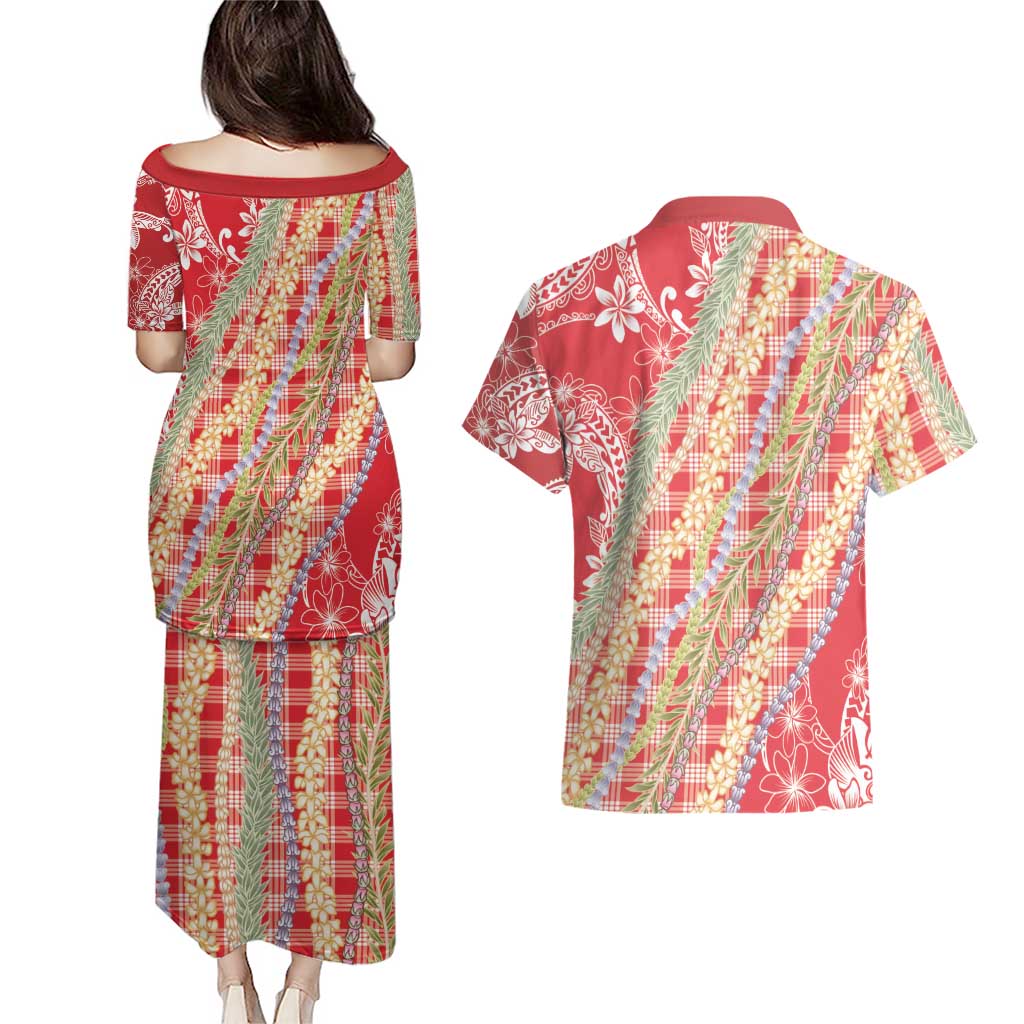 Red Palaka Hawaii Leis Couples Matching Puletasi and Hawaiian Shirt Hawaiian-plaid Elegant Tropical Vibes LT14 - Polynesian Pride